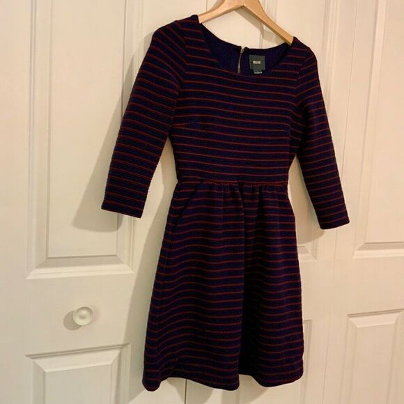 Anthropologie Maeve Navy Blue Striped Brenna Fit Flare Dress Sz 2 - Picture 6 of 13